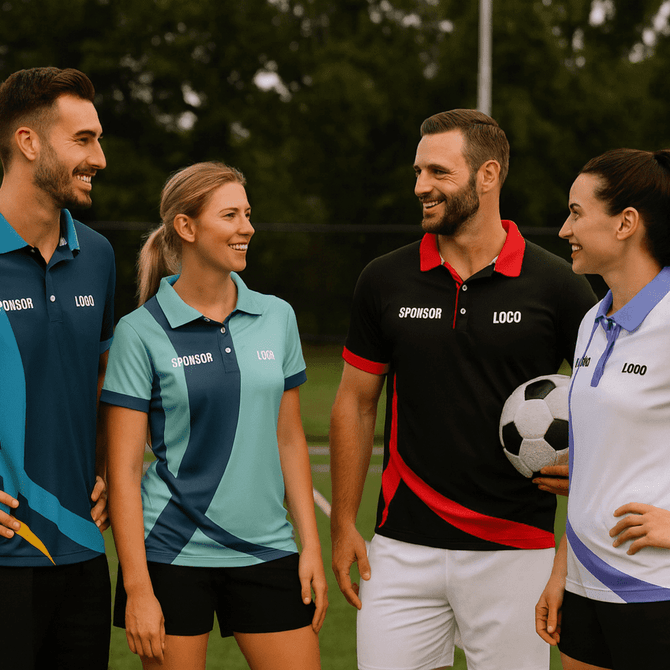 A group of five individuals wearing polo shirts in various colours, featuring logos, and standing on a sports field.
