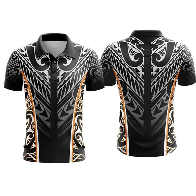 A black polo shirt featuring intricate tribal patterns in white and orange. Includes a logo on the design.
