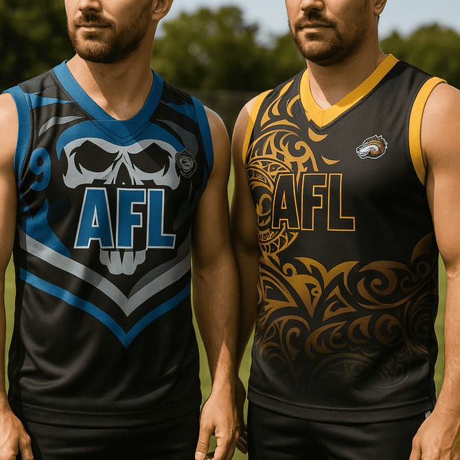 Two AFL jerseys displayed, one black with blue and grey designs, and the other black with gold tribal patterns. Both have logos.