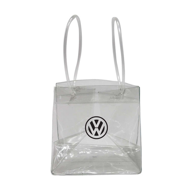 A clear cooler bag with two handles and a logo on the front.