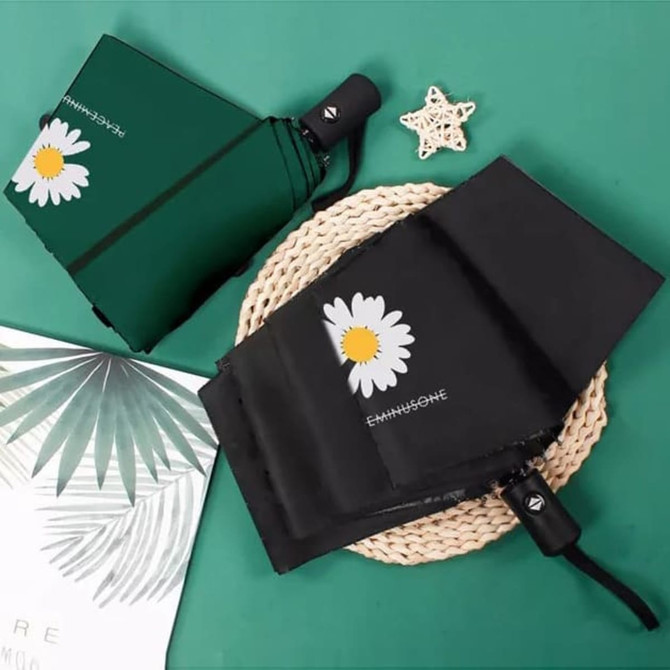 A green and black umbrella with a daisy design, featuring a logo and displayed on a round woven mat.