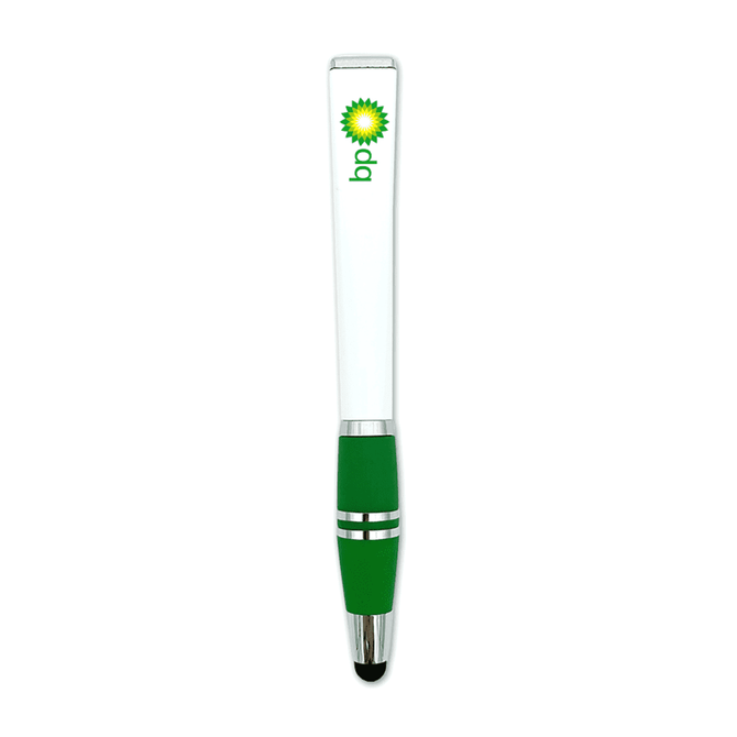A white stylus pen with a green bottom, featuring a logo. Elegant and simple design for writing.
