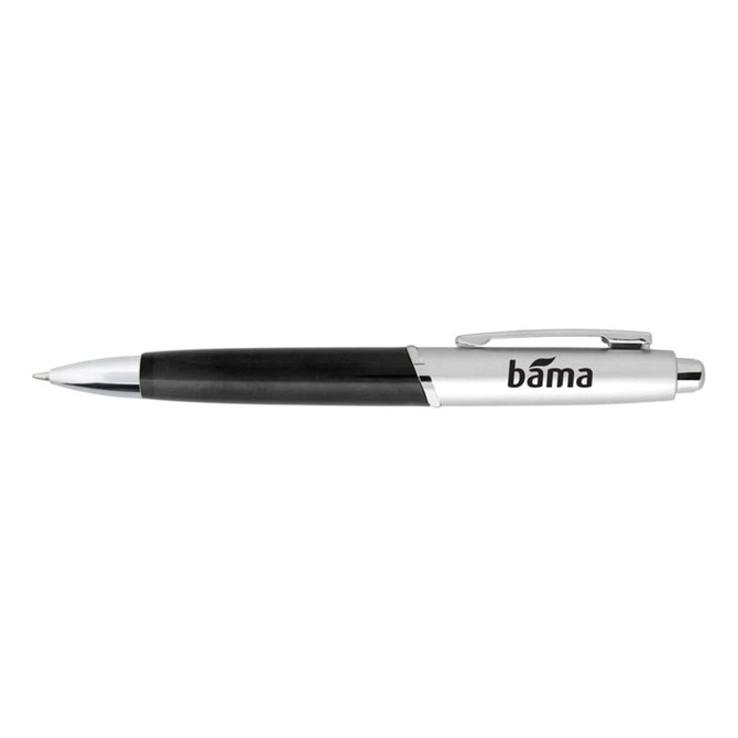 A metal pen with a black grip and silver barrel, featuring a logo on the side.