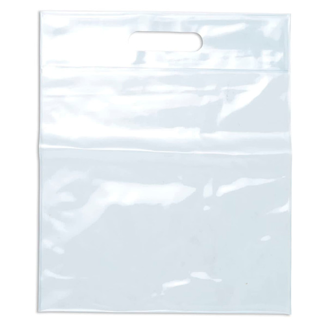 A clear tote bag with a handle, featuring a transparent design suitable for showcasing contents.