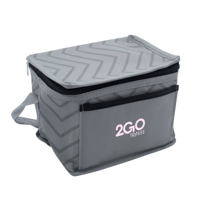 A grey cooler bag with a chevron pattern and a side pocket, featuring a logo on the front.