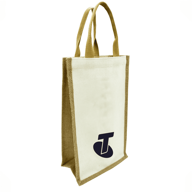 A jute double wine bag in natural and brown hues, featuring carry handles and a logo on one side.