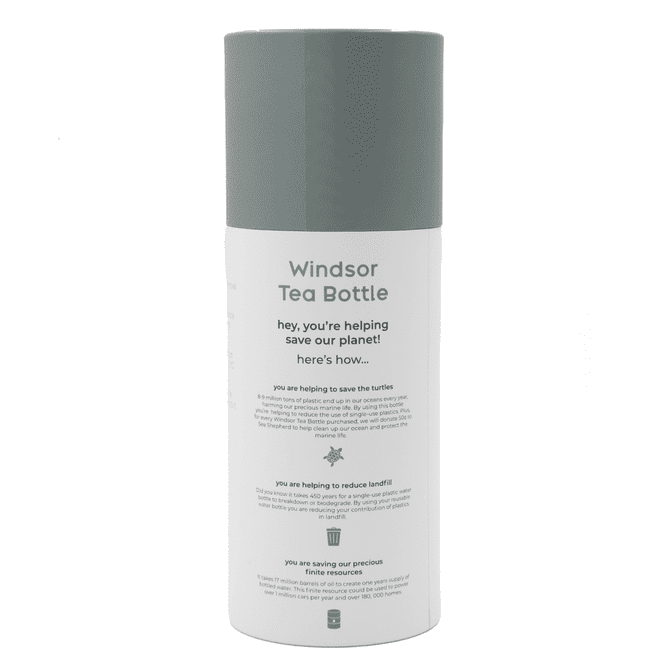 A drink bottle with a grey lid and white body, featuring a branding logo and text about environmental benefits.