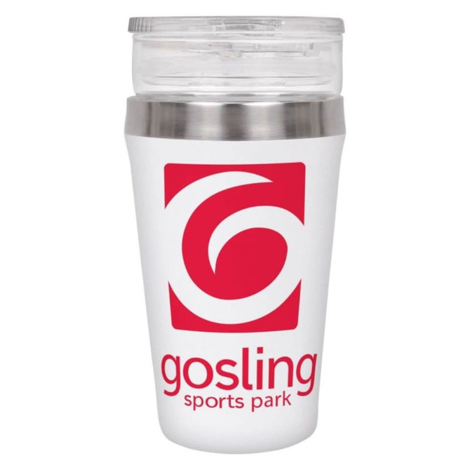 A drink bottle in white with a stainless steel band, featuring a logo in red.