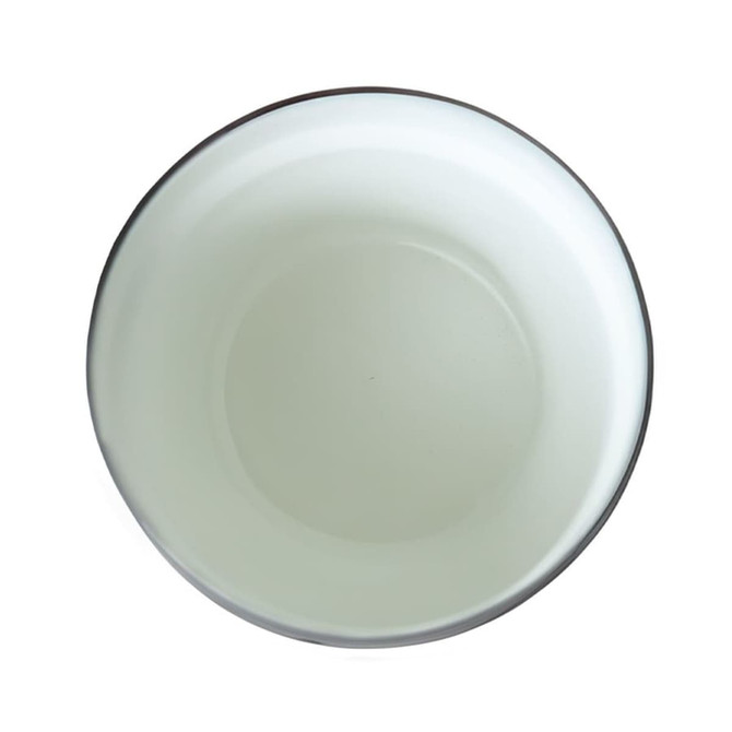 A drink bowl in a light colour with a dark rim, featuring a smooth interior and no visible logos.