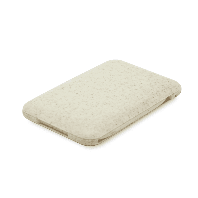 A cream-coloured phone charging cable set and stand with a textured finish. It features a subtle speckled design.