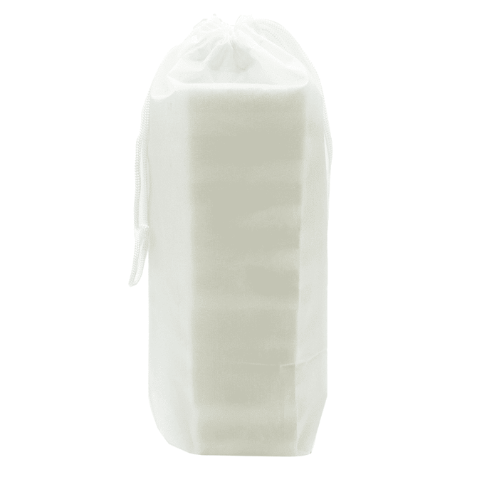 A white pouch containing a stacking puzzle set. The pouch is cinched at the top with a drawstring.