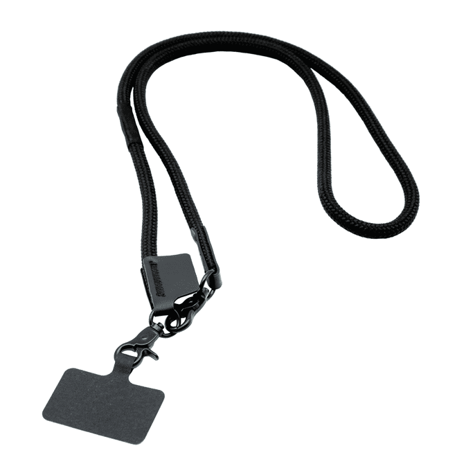A black phone strap featuring a textured design and a clip for attaching to phones or other items.