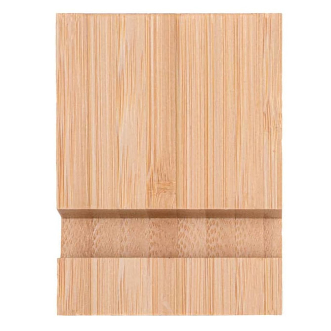 A bamboo phone holder in a natural finish, featuring a simple, minimalist design. It has a slot for device support.
