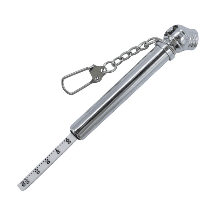 A silver key chain tyre gauge with a chain and clip, featuring a measuring stick marked in increments.