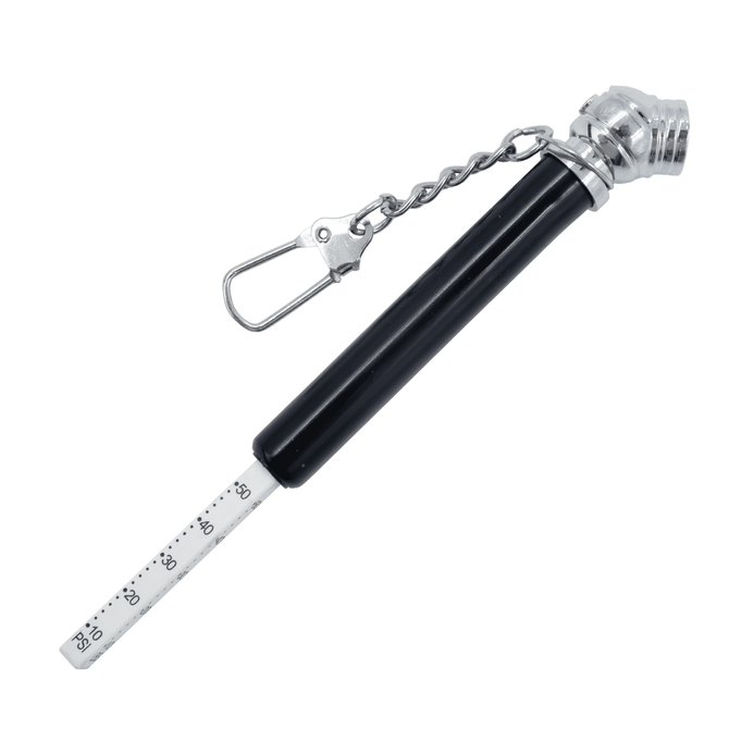 A black and silver key chain tyre gauge with a metallic clip and measurement markings.