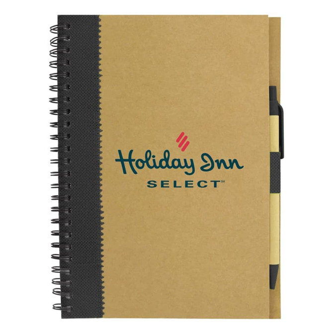 A recycled paper notebook in brown with a spiral binding and a pen holder, featuring a logo on the cover.