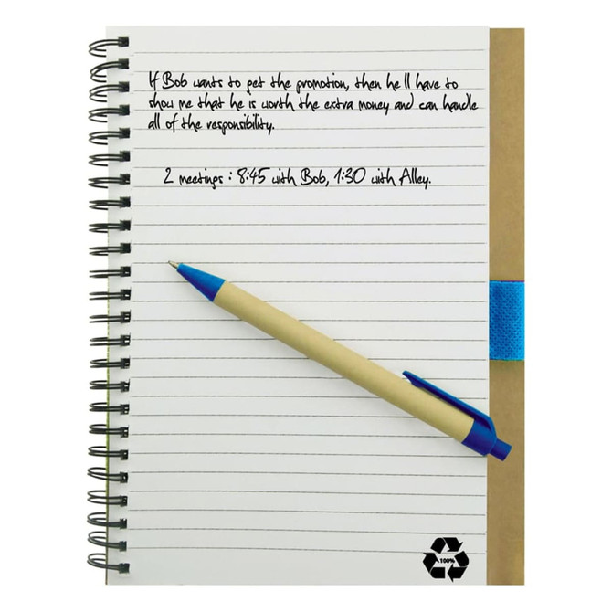 A recycled paper notebook with a brown cover, spiral binding, and a blue pen resting on it.