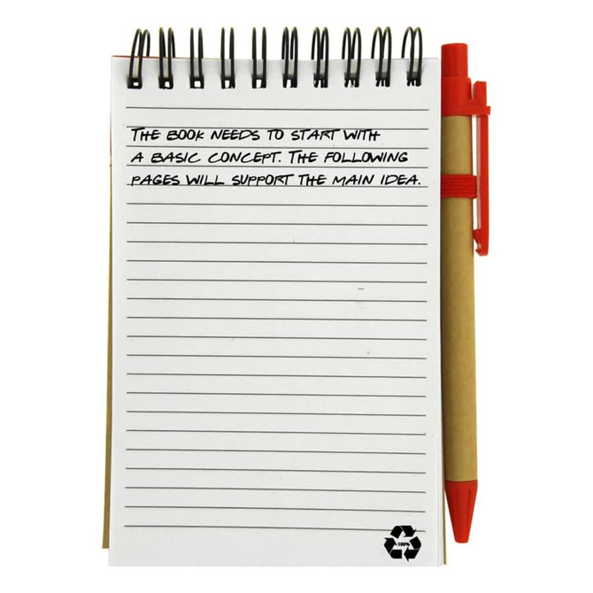 A recycled jotter pad with a spiral binding and a red pen, featuring blank lined pages for notes.