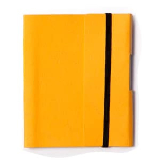 A small yellow tuck journal book with a black elastic band. It features a smooth cover and a side pocket.
