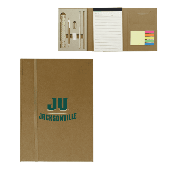 A brown A5 notepad with an elastic band, containing pens, sticky notes, a ruler, and a pocket for documents.