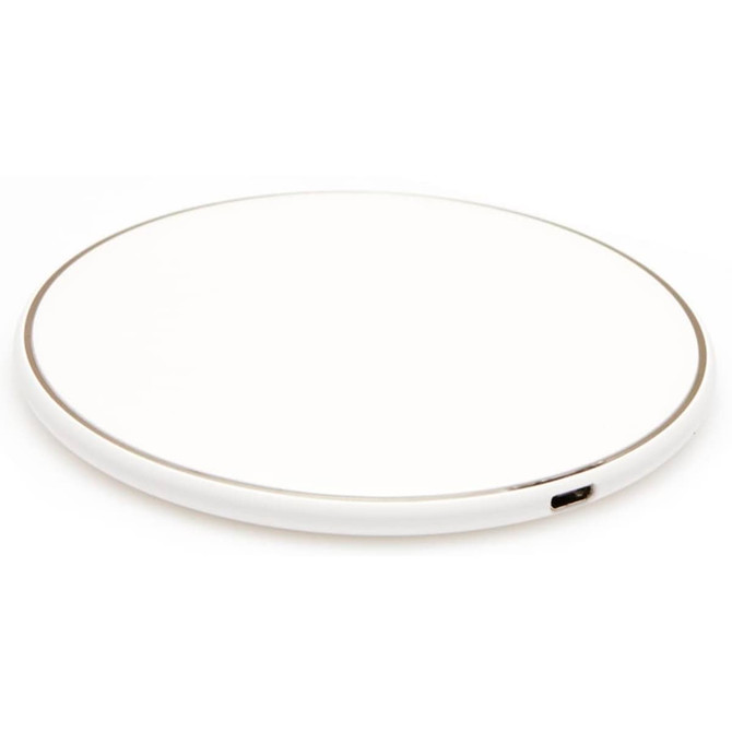 A round wireless charging dock in white with a grey edge, featuring a USB-C port. Includes a logo on the base.
