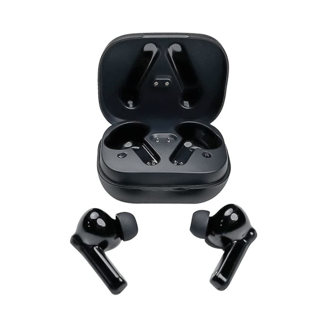 Black Linz Eco TWS Earbuds displayed with their charging case, featuring a sleek design and a logo on the case.