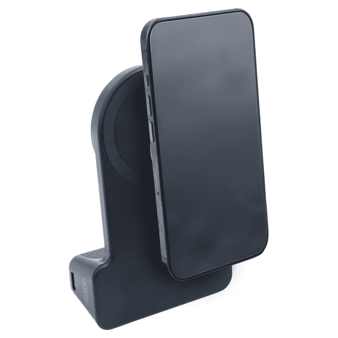 A black wireless charger with a slanted design and a mobile phone resting against it. It has a logo on the base.