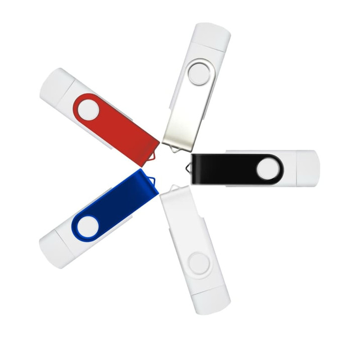 A collection of four flash drives in red, blue, black, and white, arranged in a star formation. Each has a logo.
