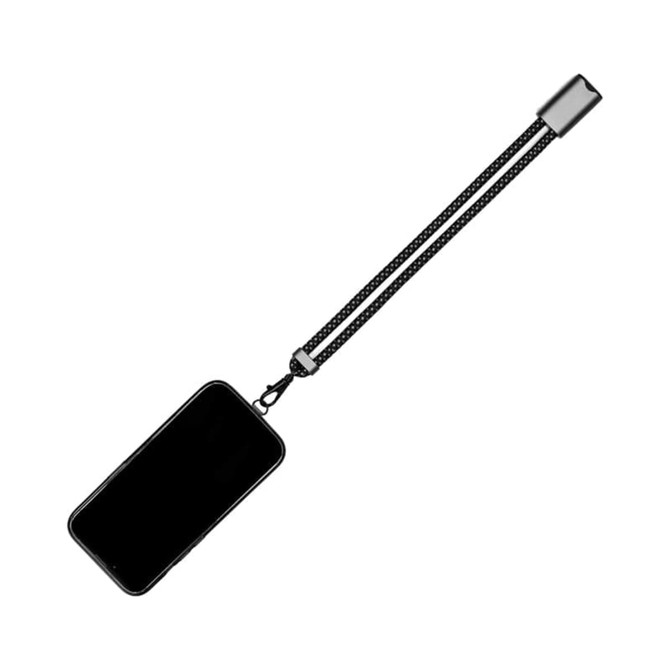 A black and white patterned wristband phone strap with a metallic attachment, designed for holding a smartphone.