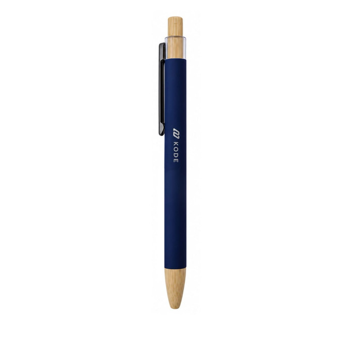 Abele Bamboo Click Pen featuring a navy barrel and a bamboo top, with a black clip and logo.