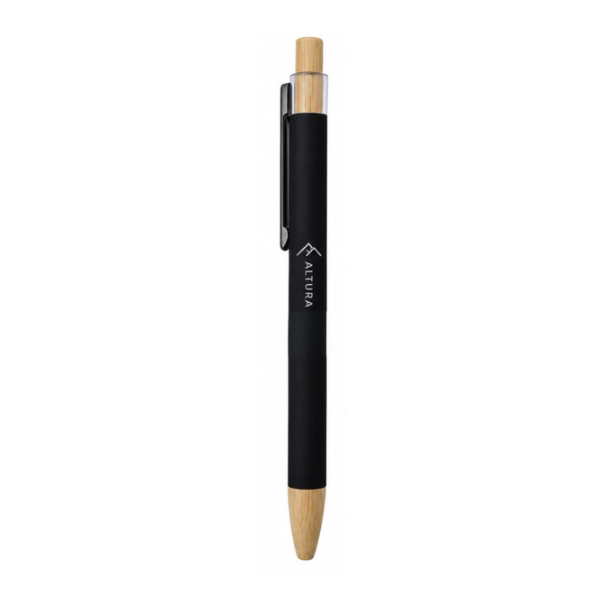 Abele Bamboo Click Pen featuring a black barrel and bamboo accents, with a logo on the side.