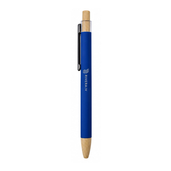 A blue pen with a bamboo clip, featuring a sleek design and a branding logo. Ideal for writing.