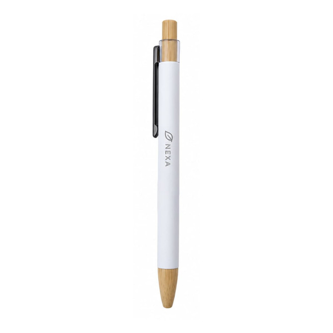 Abele Bamboo Click Pen featuring a white barrel, bamboo detailing, and a black grip. It includes a logo.