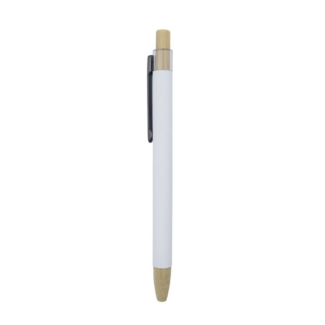 A white pen with a bamboo tip and clip, featuring a sleek design and a logo.