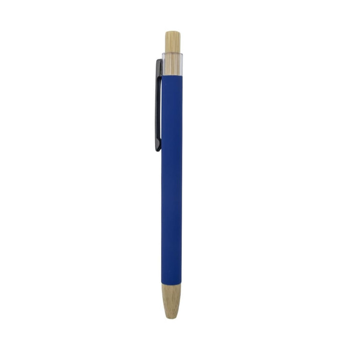 A blue pen with a bamboo tip and clip, featuring a sleek design and a silver accent. It has a logo on it.