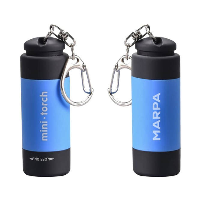 A rechargeable LED torch in blue and black with a carabiner clip and a logo.
