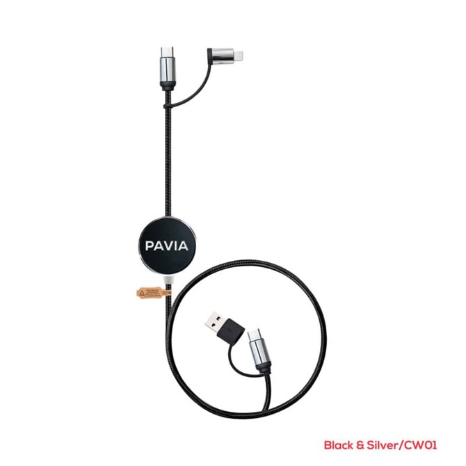 A black and silver charging and data sync cable with a retractable design and multiple connectors.