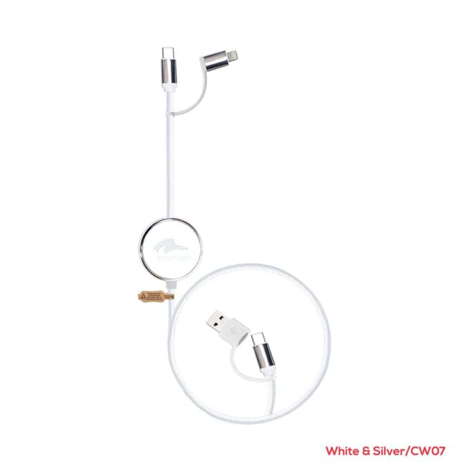 A retractable charging cable in white and silver, featuring USB and Lightning connectors, with a logo visible.