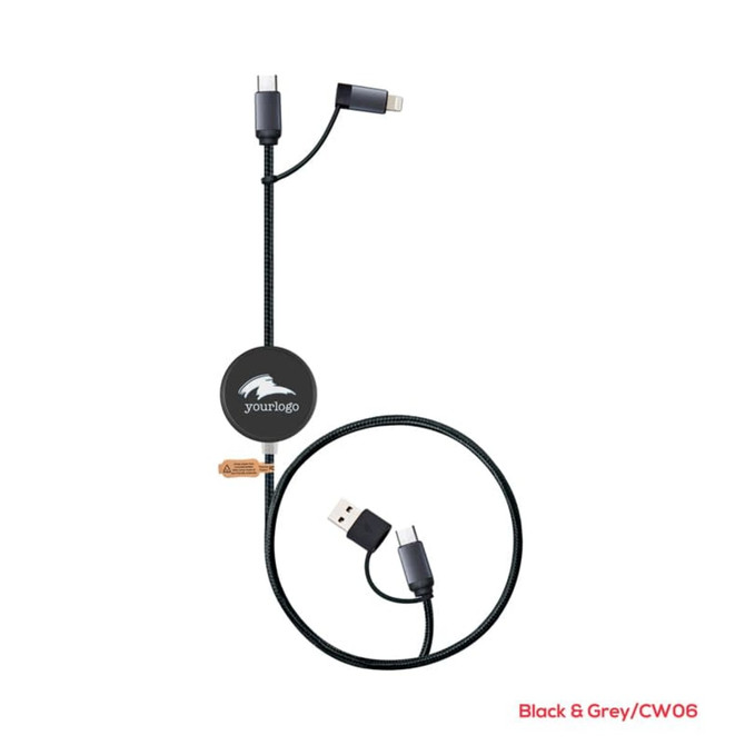 A black and grey retractable charging cable with multiple connectors and a logo on the hub.