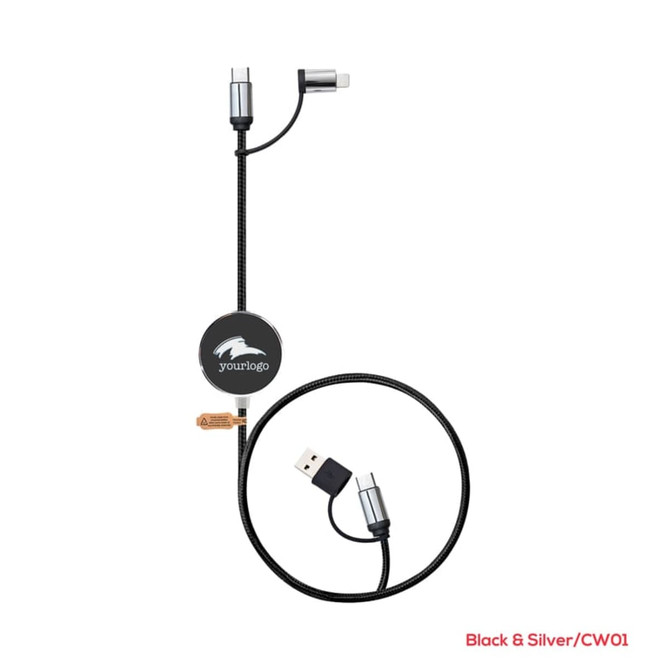 A retractable charging cable in black and silver, featuring USB and micro USB connectors, with a logo on the body.