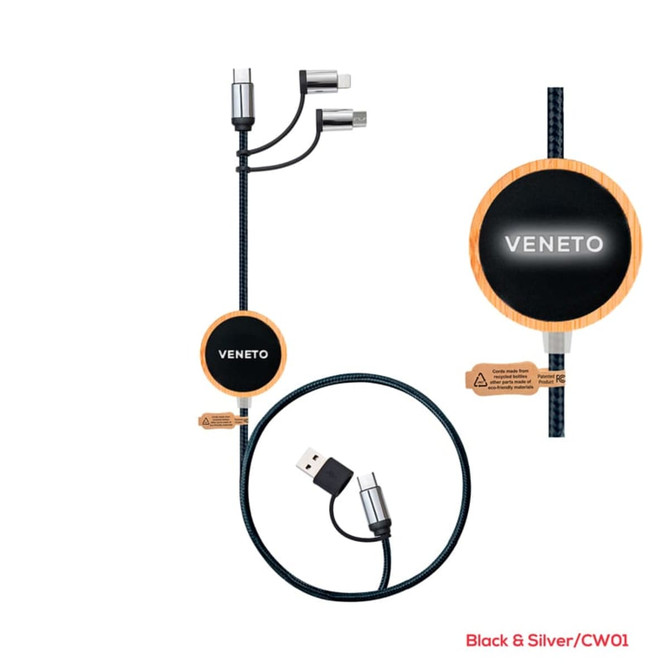 A black and silver charging cable with a circular connector and two attachment points, featuring a logo.
