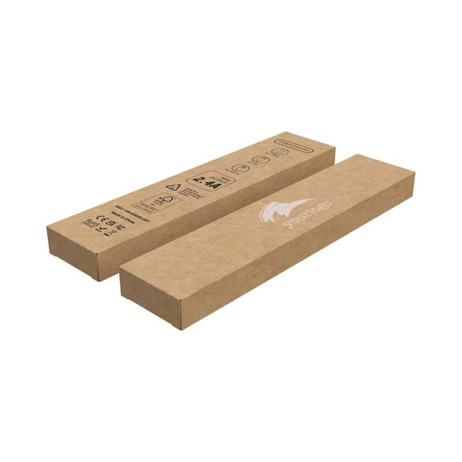 A brown cardboard box containing a charging cable with branding and various symbols printed on the surface.