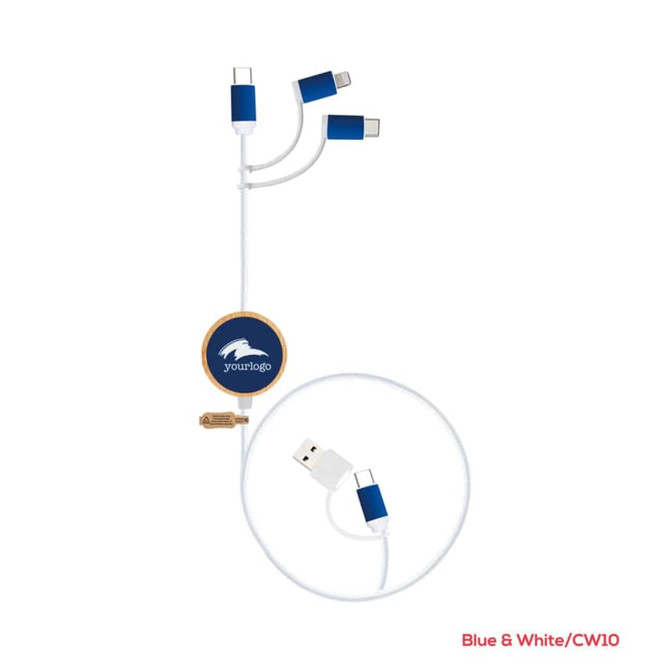 A blue and white charging cable with multiple connectors and a circular logo.