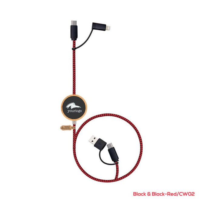 A black and red charging cable with USB, Micro USB, and Lightning connectors, featuring a logo.