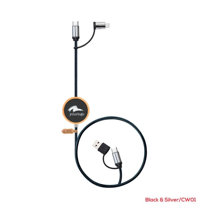 A black and silver charging cable with a retractable design and multiple connectors. It features a logo on a circular section.