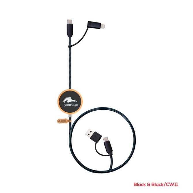 A retractable charging cable in black, featuring a logo and multiple connection types for fast charging and data sync.