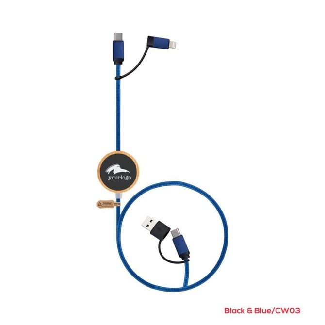A charging cable in black and blue, featuring a round branding area and connectors for various devices.