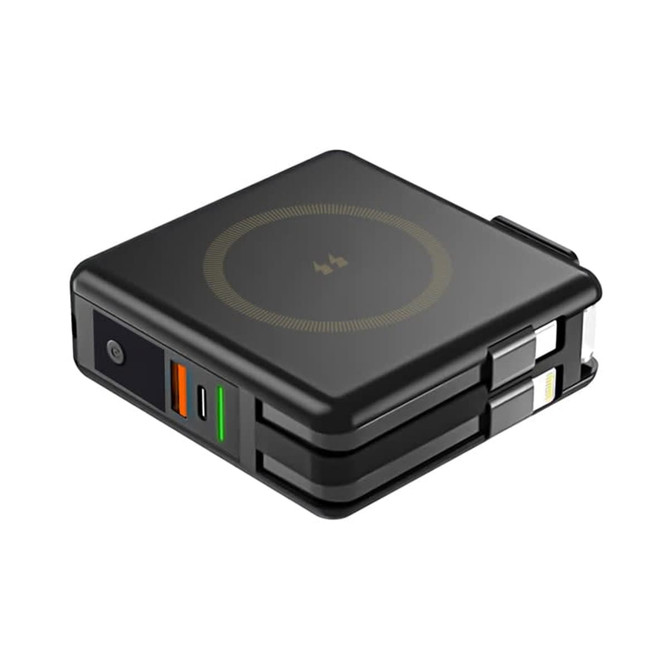 A compact black magnetic travel charger with multiple ports for charging devices, featuring a sleek design and a logo.