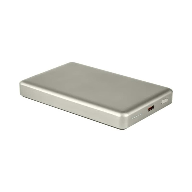 A silver wireless power bank featuring a sleek design, with a USB-C port and indicator lights.