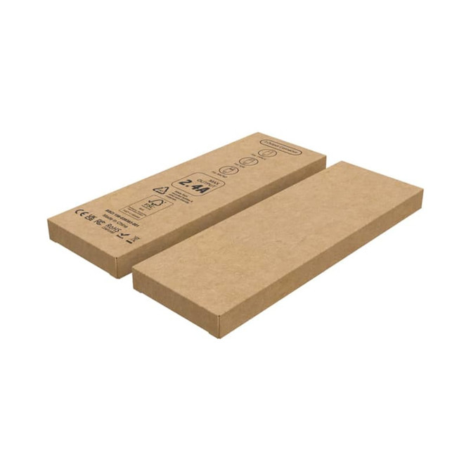 A recycled kraft tuck box in brown, featuring a logo, measuring 170 x 58 x 12 mm, with two separate components.